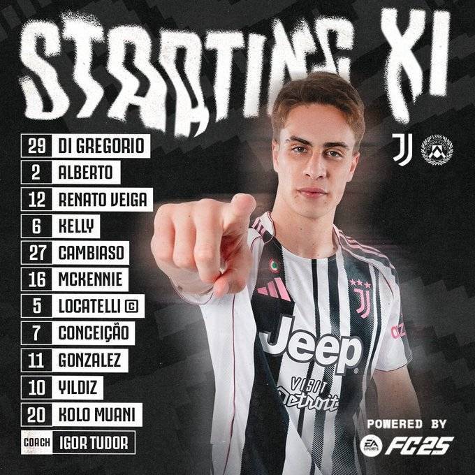 尤文vs乌迪内斯首发:伊尔迪兹领衔 穆阿尼、孔塞桑出战