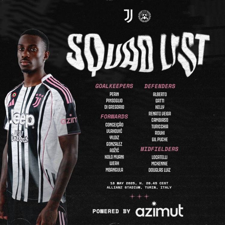 尤文对阵乌迪内斯名单:伊尔迪兹、坎比亚索回归,卡卢卢停赛